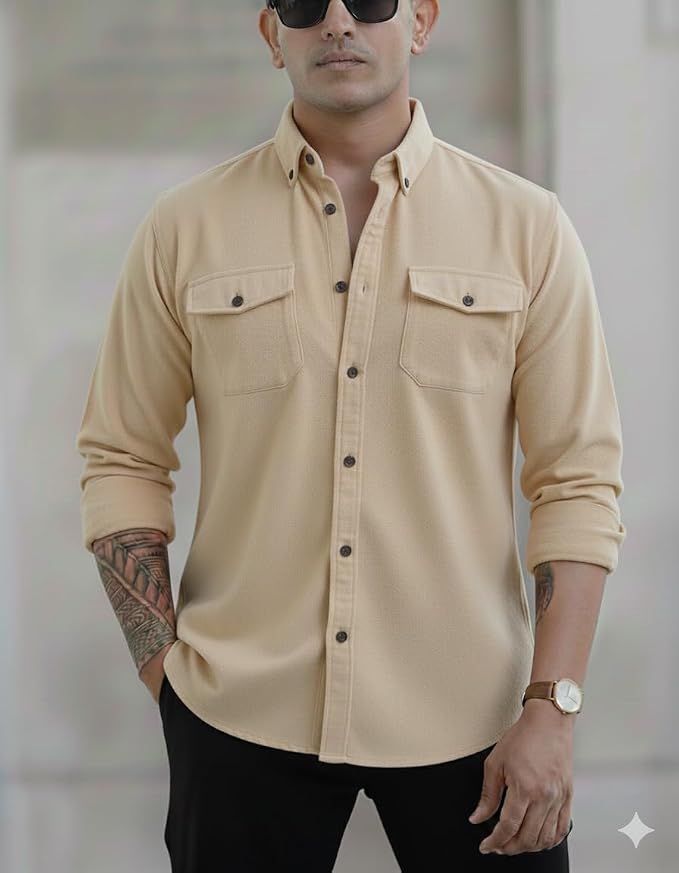 Men's Black Casual Shirt, Long Sleeve, Dual Chest Pockets, Button-Down Collar