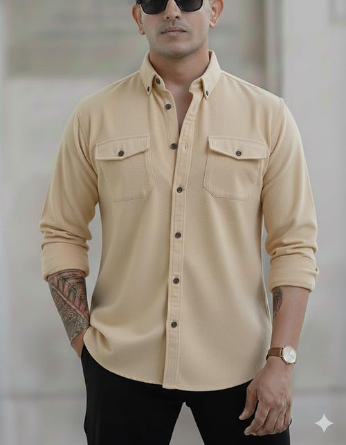 Men's Black Casual Shirt, Long Sleeve, Dual Chest Pockets, Button-Down Collar